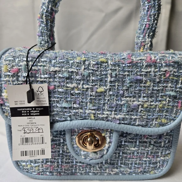 Call It Spring Tweed Mini Top Handle Bag Pastel Structured Purse Gold Turn Lock - Picture 4 of 9